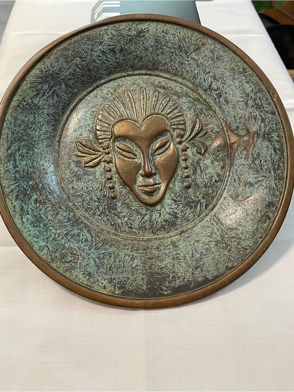Patinated Brass Wall Sculpture with Mask Motif - 10”